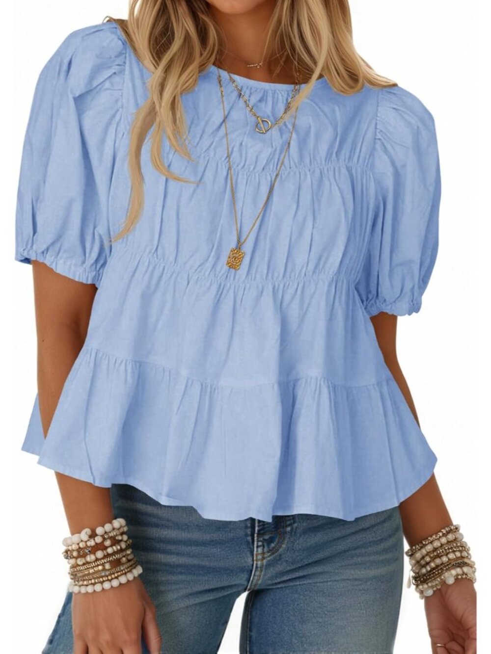 Womens Puff Sleeve Peplum Babydoll Tops Summer T-Shirts Blouse
